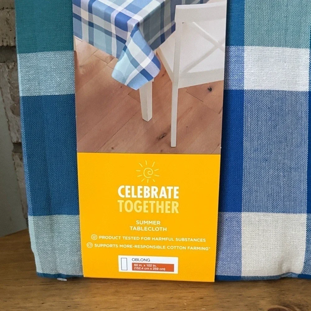 Celebrate Together Blue Gingham Plaid Picnic Table Cloth Fabric 60